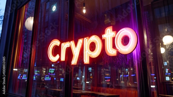 Fototapeta A neon-lit sign with the word "Crypto" hanging outside a high-tech trading caf�