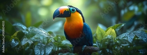 Fototapeta Colorful Toucan Bird with Large Beak in Rainforest Setting Illustration