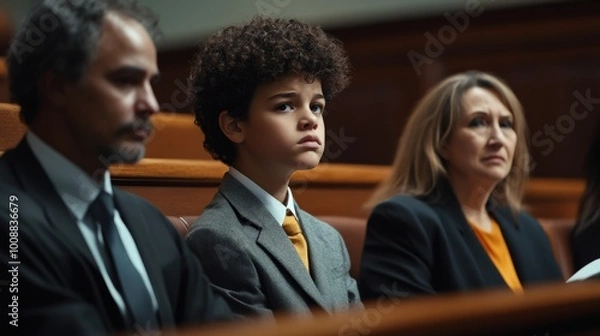 Fototapeta In a juvenile courtroom, a young defendant appears worried while seated between his attorney and a family member, signifying a crucial moment in his life