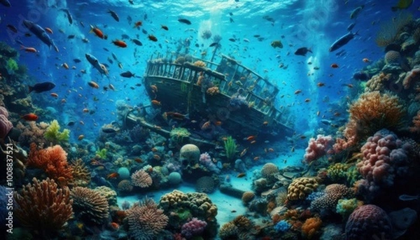 Fototapeta An underwater scene featuring vibrant coral reefs, schools of colorful fish, and a sunken ship in the background.