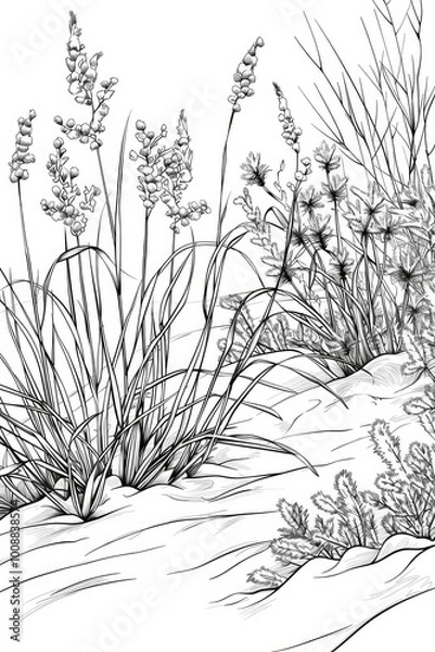 Obraz Coloring book illustration of dry grass in winter surrounded by snow Dried vegetation in a winter scene Frozen grass detail
