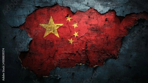 Fototapeta The Chinese flag painted on a cracked and weathered wall, symbolizing a nation's resilience and historical significance.