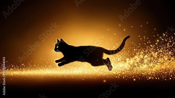 Fototapeta A black cat is running through a field of gold dust