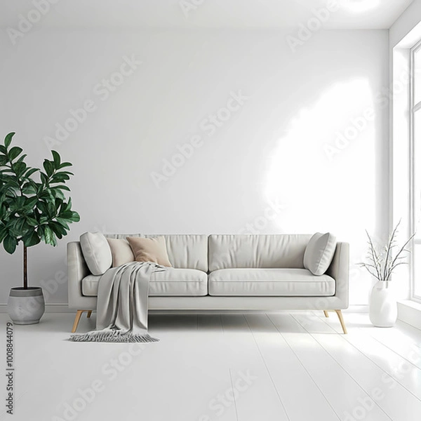Fototapeta Minimalist living room with a light gray sofa, potted plant, and a vase near a window.