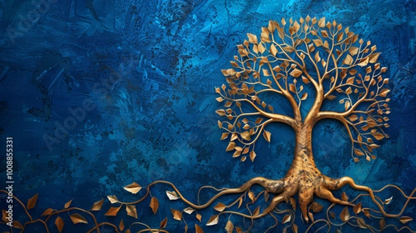 Fototapeta Golden tree of life with intricate roots and leaves on a textured blue background.