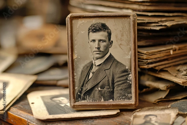 Fototapeta Old black and white photo of a man with mustache
