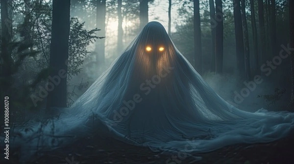 Fototapeta A last-minute ghost costume with a classic white sheet, but enhanced with eerie glowing eyes and wispy edges.