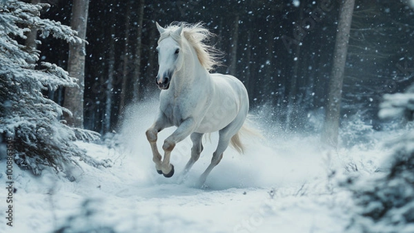 Obraz A white horse galloping through a snowy forest during a winter snowfall at dusk