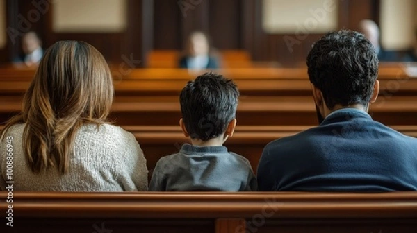 Fototapeta Two parents sit directly across from each other in a courtroom, with their young child positioned between them, highlighting the emotional tension of a family-related legal matter