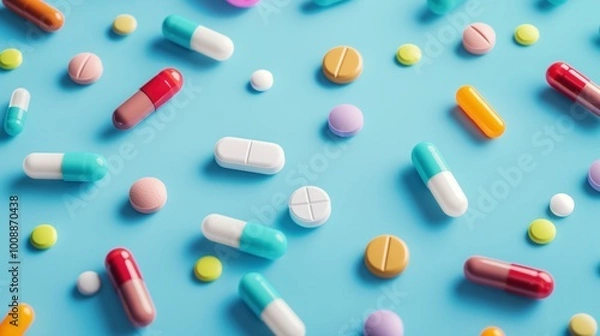 Fototapeta Colorful medicine tablets and antibiotic pills on soft blue background. Close-up of various colored pills, some white, resembling candy. Isolated on blue, a colorful health concept.