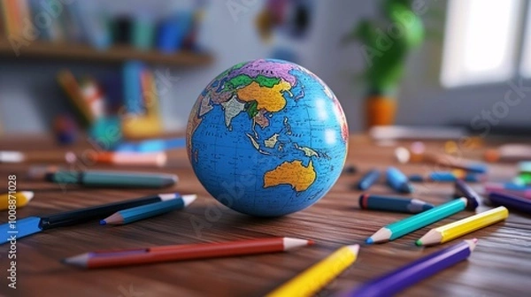 Fototapeta 3D Globe Surrounded by Colorful Pens and Pencils on Table