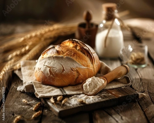 Fototapeta Fresh bread on a rustic table, warm and inviting, Culinary, Soft tones, Photograph, Homemade delight