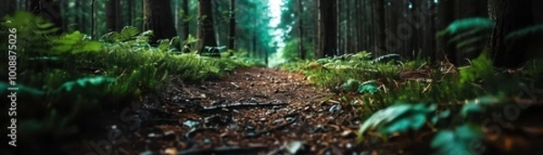 Fototapeta Hiking trail through a dense forest, dynamic and inviting, Nature, Soft greens, Photograph, Outdoor adventure