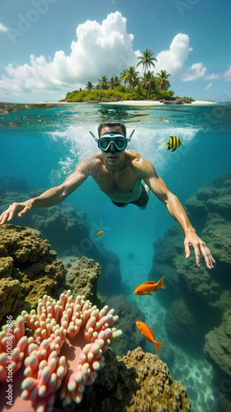 Obraz A snorkeler explores vibrant coral reefs, surrounded by colorful fish in crystal-clear waters. This stunning image is perfect for travel brochures, marine conservation campaigns, or adventure tourism 