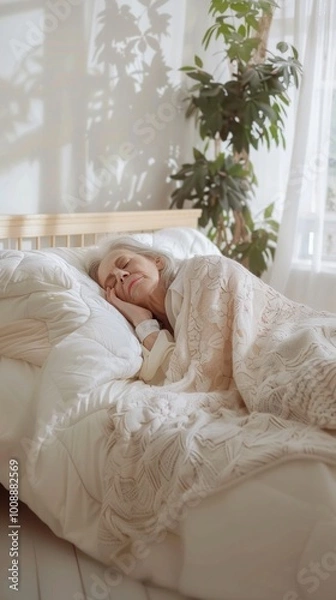 Obraz Elderly woman peacefully sleeping under a blanket in a cozy bedroom with soft natural light. rest and relaxation