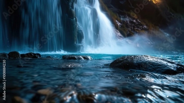 Fototapeta Waterfall cave with misty spray, dynamic and refreshing, Nature, Cool tones, Photograph, Natural wonder
