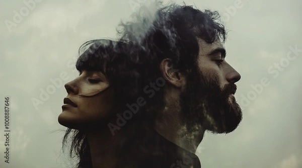 Fototapeta Double exposure photography featuring two individuals, a woman and a man with dark hair and a beard, whose faces merge into one another, creating a stunning abstract effect. 