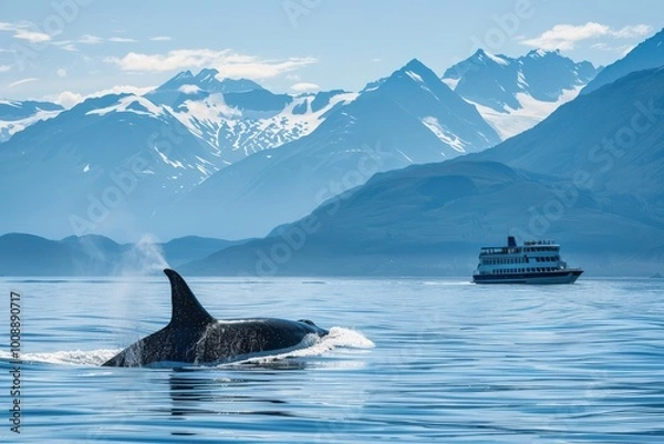 Fototapeta Whale Watching Excursion in Alaska with Stunning Mountain Views