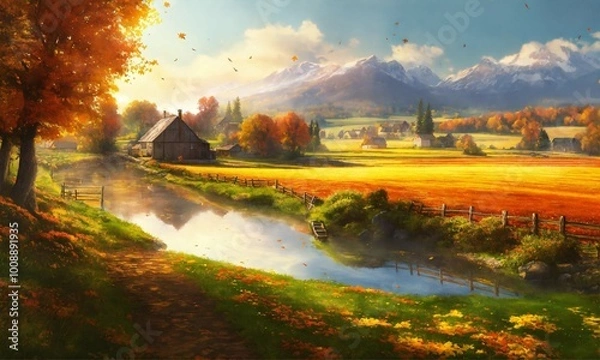 Obraz Landscape drawing, nature illustration, AI generated art 