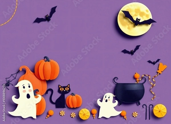 Fototapeta Fun Halloween Scene with Pumpkins, Ghosts, and Black Cat - Autumn Paper Craft Illustration