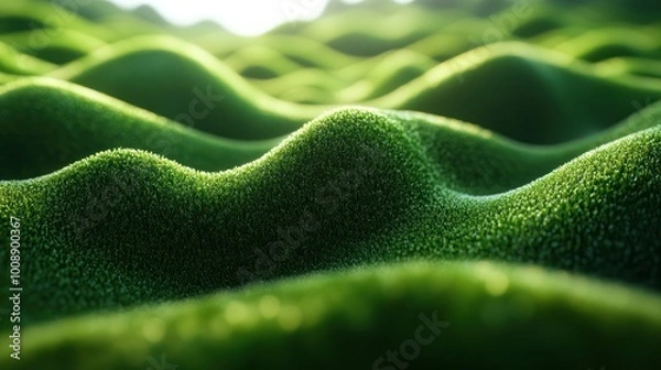 Fototapeta Close-up of a lush green field with soft, rolling hills and a br