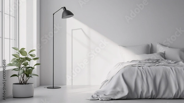 Fototapeta Minimalist bedroom design with a soft, neutral color palette. The sleek floor lamp stands beside a clean, modern bed with simple bedding, in an open, clutter-free space