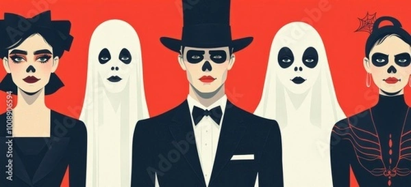 Fototapeta Stylized ghostly figures in costumes against a vibrant backdrop.
