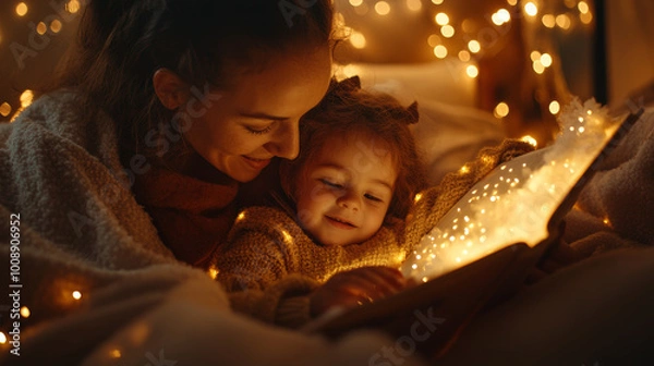 Fototapeta Cozy mother and daughter reading book together, surrounded by warm fairy lights, creating magical and heartwarming atmosphere