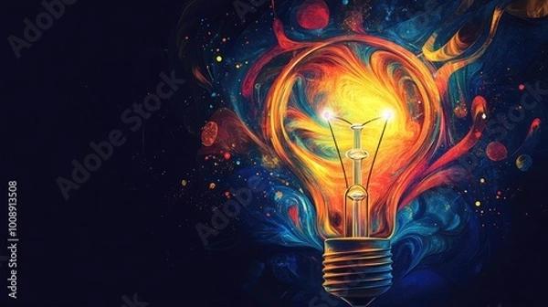 Fototapeta Creative lightbulb with floating, abstract elements inside, hand holding it against a dark background