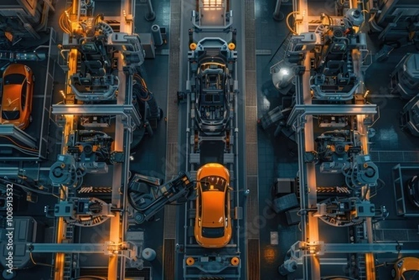 Fototapeta High tech factory uses AI for efficient electric vehicle production.