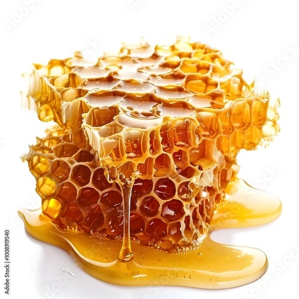 Fototapeta Detailed Honeycomb Dripping with Golden Honey on Bright White Background