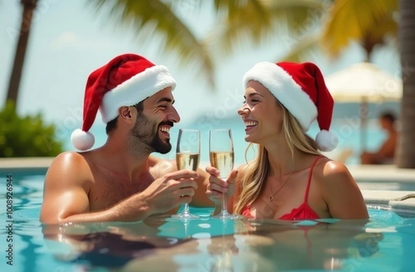 Obraz young couple sitting in a pool drinking champagne, palm trees in the background. People wearing Santa Claus hats