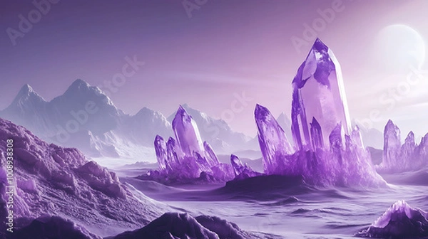 Fototapeta A purple, crystal-filled desert landscape with large, crystal-like mountains in the background and a full moon in the sky.