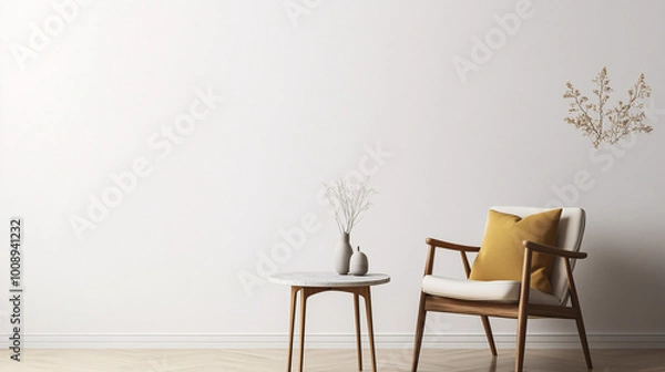 Fototapeta Minimalist living room setup with a mid-century modern accent chair and a small marble-topped table. Clean, white walls and subtle decor create a calm and open environment