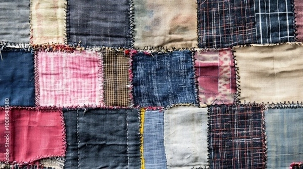 Fototapeta Textured patterns of recycled fabric showcasing vibrant colors and diverse textile designs