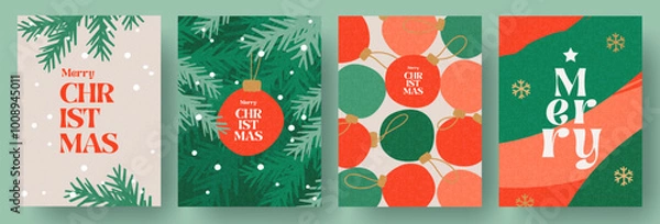 Obraz Merry Christmas and Happy New Year greeting card Set. Modern beautiful Xmas design with typography, Christmas tree branches, balls, snowflake pattern. Minimal art banner, poster, cover templates