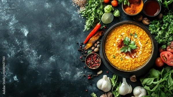 Obraz An overhead view of a colorful spread featuring dal in a traditional bowl, surrounded by fresh ingredients,