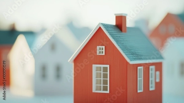 Fototapeta Close-up of a red house with white houses in the background, symbolizing differentiation in real estate investment, no people.