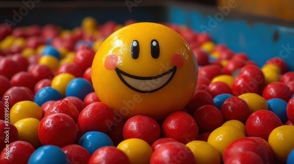 Fototapeta Smiley Face Ball in a Pit of Colorful Balls