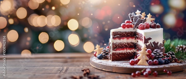 Fototapeta Festive Christmas cake, chocolate layers, berries, cream frosting, decorated with cookies, bokeh lights, celebration dessert, holiday sweets concept