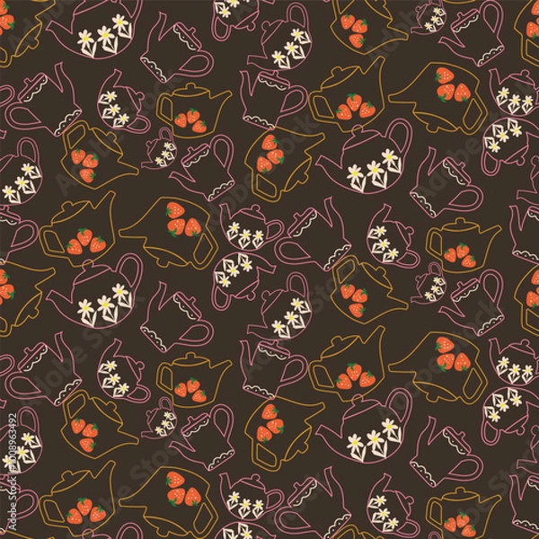 Fototapeta Seamless pattern with Teapots on brown background. Hand drawn lines cartoon-dishes. Tea Party Vector illustration. Perfect for fabric, wallpaper and children's projects.