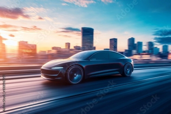 Fototapeta futuristic fast self-driving modern car on evening city roads under cloudy sky
