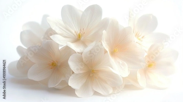 Fototapeta   A cluster of white blooms atop a white countertop against a white light backdrop