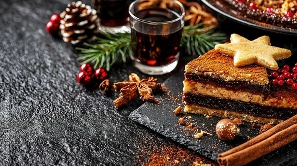 Fototapeta   A black plate holds a cup of tea and a cookie in the shape of a star next to a cake sitting atop it