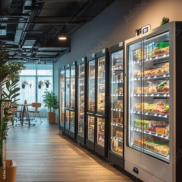 Fototapeta Micro market (small automated unmanned vending store) full of food stands in office, coworking, lobby or hotal hall. Soft focus. Automated food business theme