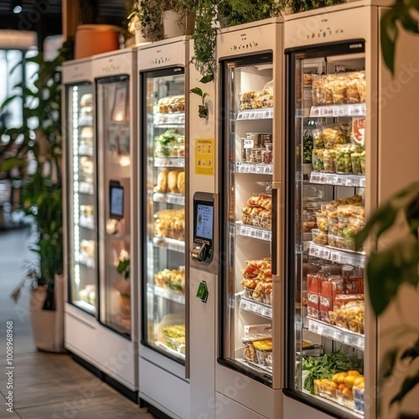 Fototapeta Micro market (small automated unmanned vending store) full of food stands in office, coworking, lobby or hotal hall. Soft focus. Automated food business theme