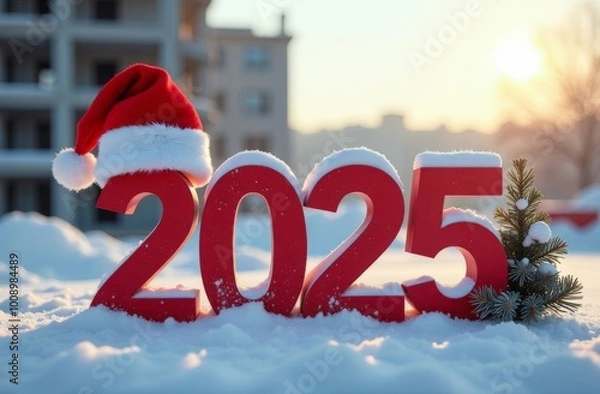 Obraz inscription 2025 on snow against the background of construction, New Year greetings, happy new year