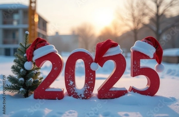 Obraz inscription 2025 on snow against the background of construction, New Year greetings, happy new year