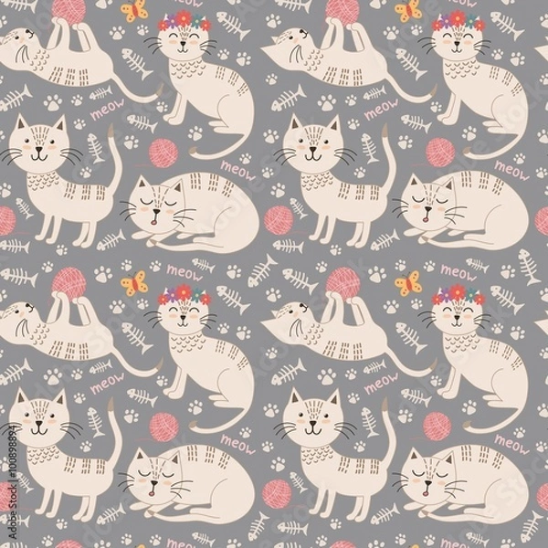 Fototapeta Funny seamless pattern with cute cats. Vector texture great for childish cloth design, wallpaper, textile, wrapping and other pattern fills