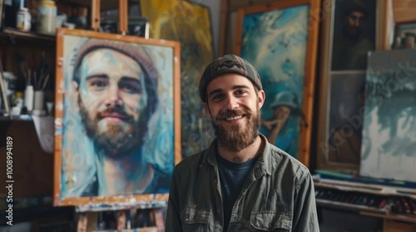 Fototapeta Bearded man artist stands proudly in front of his self portrait in his colorful studio. Ideal for creative projects and artistic inspiration concepts.